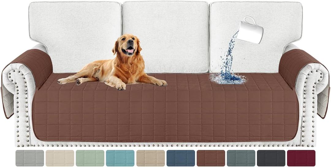 MAXIJIN Waterproof Couch Cover for Pets Dogs Washable, Quilted Sofa Seat Covers Washable for 3 Cushion Couch, Non-Slip Slipcover Furniture Protector with Side Pockets (Sofa, Coffee)