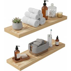 Lufia Floating Wall Shelves, Set of 2, MDF with Invisible Brackets, Modern Storage for Bedroom, Bathroom, Living Room, Kitchen (Oak, 24" W x 7" D x 1.5" H (2 Pieces))