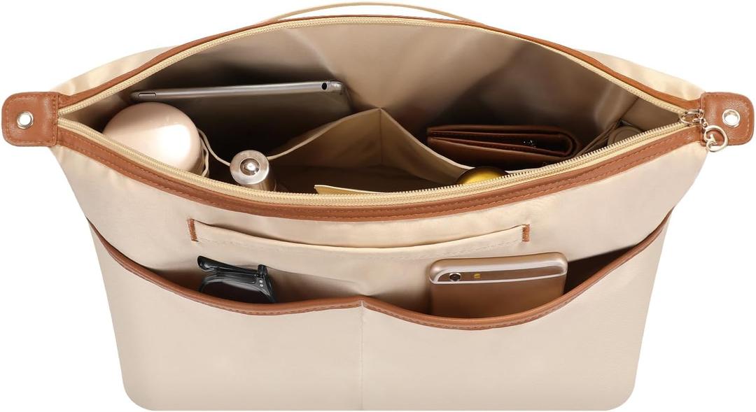 SDANG Purse Organizer Insert Fit for Onthego,City 23 and More BagMultiple Pockets Tote Bag Organizer with HandleLightweight Medium Purse Liner have Zipper (BeigeSmall)