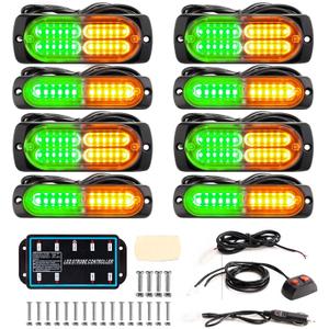 BooYu 8-pcs Green/Amber Surface Mount LED Emergency Strobe Lights for Trucks, Vehicles, Sync Feature Ultra Slim Grille Flashing Warning Hazard Light Bar w/Controller for Construction, Firefighter