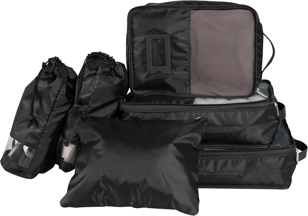 Travel 6 Piece Deluxe Set | Flat Pouch Cube | Shoe Bags | Water Resistant | Luggage, Black, Variety Pack