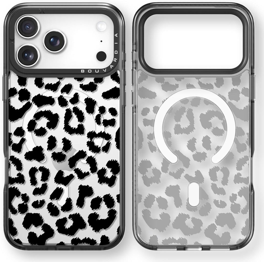 Bouvardia for iPhone 17 Pro Case, Compatible with Magsafe, Cute Design for Women & Girls, Protective & Aesthetic, Gray Bumper - Leopard Print