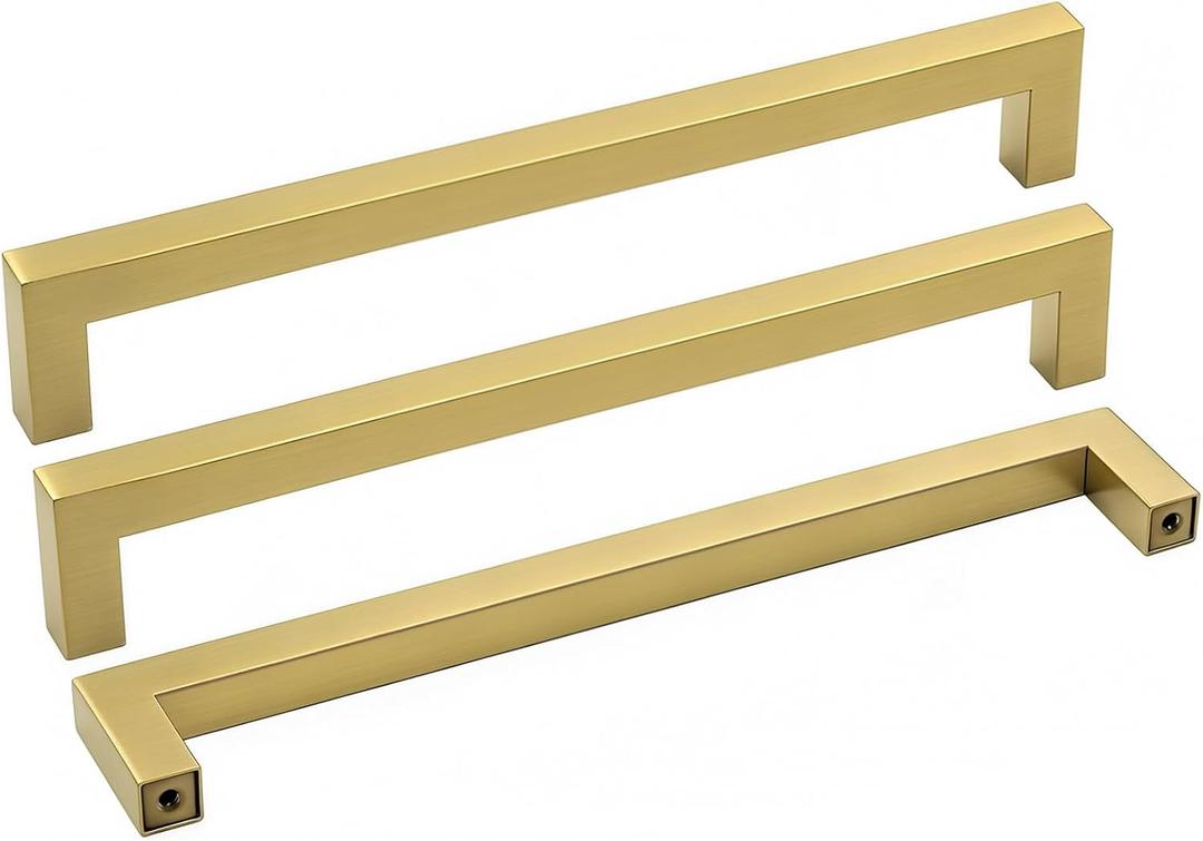 Goldenwarm Brass Kitchen Cabinet Hardware Gold Drawer Pulls 10 Pack - LSJ12GD192 Square Cupboard Bathroom Door Handles Brushed Brass Pulls for Cabinets 7-1/2in Center to Center
