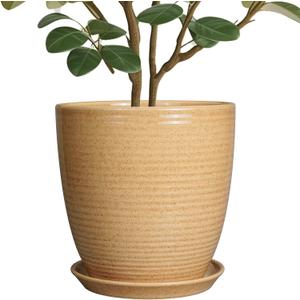 Ceramic Pot for Plants - 10 Inch Plant Pot with Drainage Hole and Saucer Outdoor Planter for Indoor Plants Round Flower Pot for Home Patio Garden Office Yellow