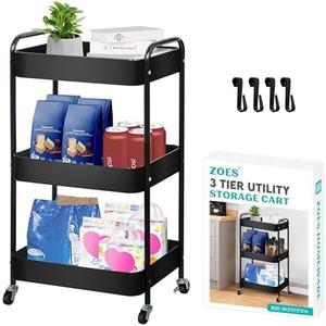 ZOES HOMEWARE 3 Tier Rolling Cart, Metal Utility Cart with 4 Hooks, Rolling Storage Cart on Wheels, Small Organizer Cart for Nursery, Kitchen, Living Room, Bathroom, Black