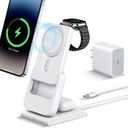 DDUAN Foldable Wireless Charging Station: 3-in-1 Charger Stand with 5000mAh Portable Power Bank for iPhone 16/15/14/13/12 - Removable Battery Pack for Apple Watch (White)