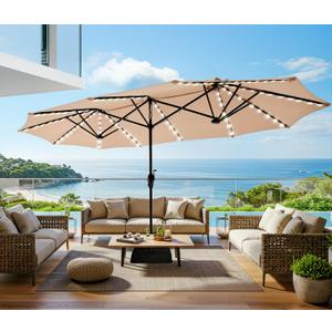 SUPERJARE 13ft Outdoor Patio Umbrella with Solar Lights, Double-sided Deck Pool Umbrella with 1.5 Inch Pole, Fade Resistant Canopy, 12 Sturdy Ribs, for Porch, Market, Backyard, Beige (No Base)