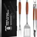 Heavy-Duty Rose Wooden BBQ Grilling Tools Set. Extra Thick Stainless Steel Multi-Function Spatula, Fork & Tongs | Essential Accessories for Barbecue & Grill. Ideal Gift for Father
