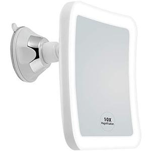 JiBen Square LED Lighted 10X Magnifying Makeup Mirror, Power Locking Suction Cup, Bright Diffused Light and 360 Degree Rotating Adjustable Arm, Portable Cordless Home and Travel Bathroom Vanity Mirror