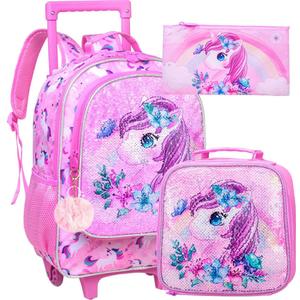 3PCS Rolling Backpack for Girls Kids Unicorn Wheeled Bookbag