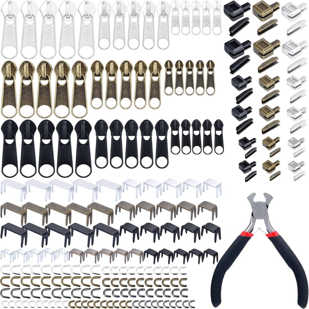 217 Pieces Zipper Repair Kit Replacement, Zipper Pulls, Head Slider, Installation Tools, Stopper Slider Repair Tool Kit for Metal Plastic Nylon Coil Jacket Zippers (Size 8/5/3)