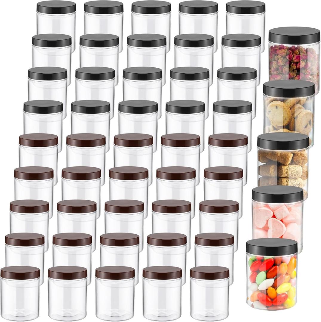 Mifoci 50 Pcs Clear Plastic Jars Containers 16 oz Reusable Empty Storage Jars with Lid for Kitchen Spices Dry Food Body Butter, Black and Brown