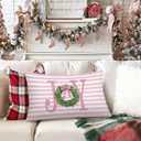 Coquette Pink Bow Christmas Wreath 12x20 Pillow Cover, Preppy Christmas Decor, Girly Pink Striped Joy Xmas Holiday Decorative Throw Pillow Covers Pillowcases for Girls Room Dorm Apartment