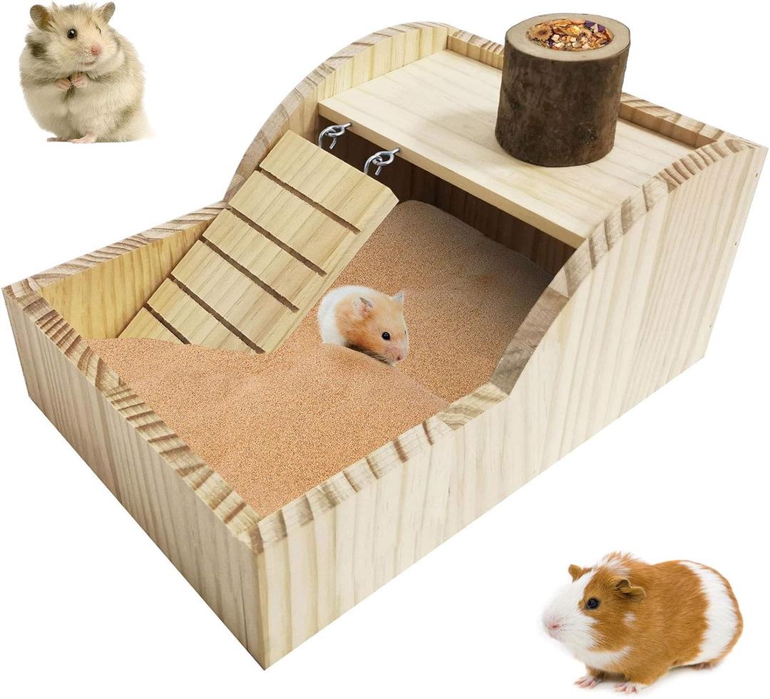 kathson Hamster Sand Bath Box Wooden Small Animals Shower Room Chinchilla Digging Sand Bathtub Container with Climbing Ladder Bowl for Dwarf Syrian Mice Mouse Gerbils Hedgehog