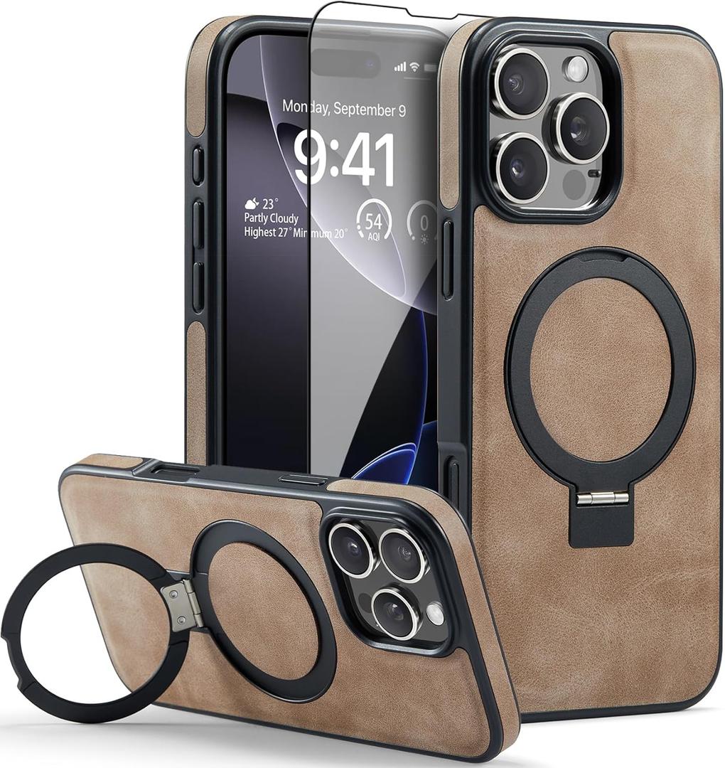 Casus Designed for iPhone 16 Pro Case Compatible with MagSafe Kickstand Vegan Leather Slim Classic Luxury Elegant Thin Protective Cover with Tempered Glass Screen Protector (2024) 6.3" (Brown)