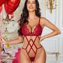 Avidlove Sexy Lingerie Deep V Teddy Strappy Lingerie Bodysuit One Piece Lace Babydoll Body Suit S-XXL (Red, S)