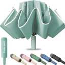 Windproof Travel Umbrella for Rain, Large Portable Reverse Folding Car Umbrella, Inverted Design, Compact Auto Open Close with Durable Waterproof Canopy, Fits Backpack/Women Men, 45.6 Inch (1 CYAN)