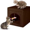 Powering Collapsible Cat House for Indoor Cats - Foldable Cat Cube with Top Cushion and Mat, 13 x 13 x 13 Inches, Brown