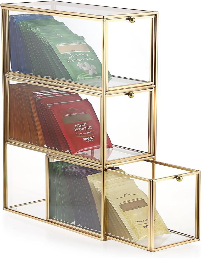 ELLDOO Tea Bag Organizer with 3 Drawers, Gold Glass Tea Bag Storage Holder for Kitchen Pantry, Coffee Pod Snack Storage for Countertop Cabinet, Multi-Functional Home Organizer