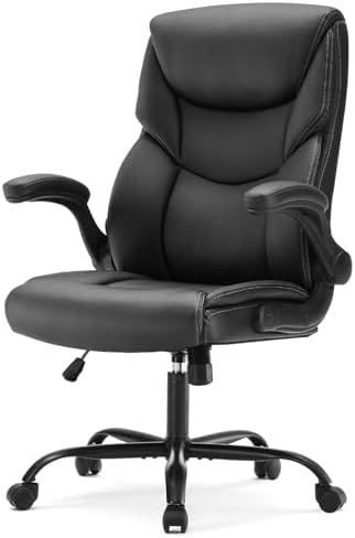 Sweetcrispy Ergonomic Office Chair Heavy Duty Task Desk Chair with Flip-up Arms, PU Leather, Adjustable Swivel Rolling Chair with Wheels, Beige : Office Products