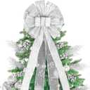 Christmas Tree Topper, 32x12 Inches Large Toppers Bow with Glitter Satin Mesh Streamer, Silve Christmas Tree Topper for Christmas Home Decoration (Silver)