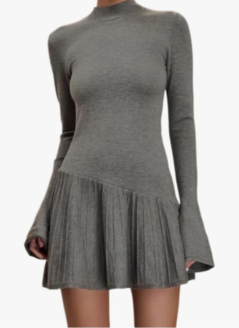 Women's Sweater Dress Long Sleeve Mock Neck Crochet Flared Ruffle Hem A-Line Pleated Mini Dress, L