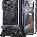 FNTCASE for iPhone 15 Pro Case: Military Grade Drop Proof Rugged Protective Cell Phone Cover with Kickstand & Builtin Protector | Matte Textured Shockproof TPU Hybrid Bumper Cases (Black)