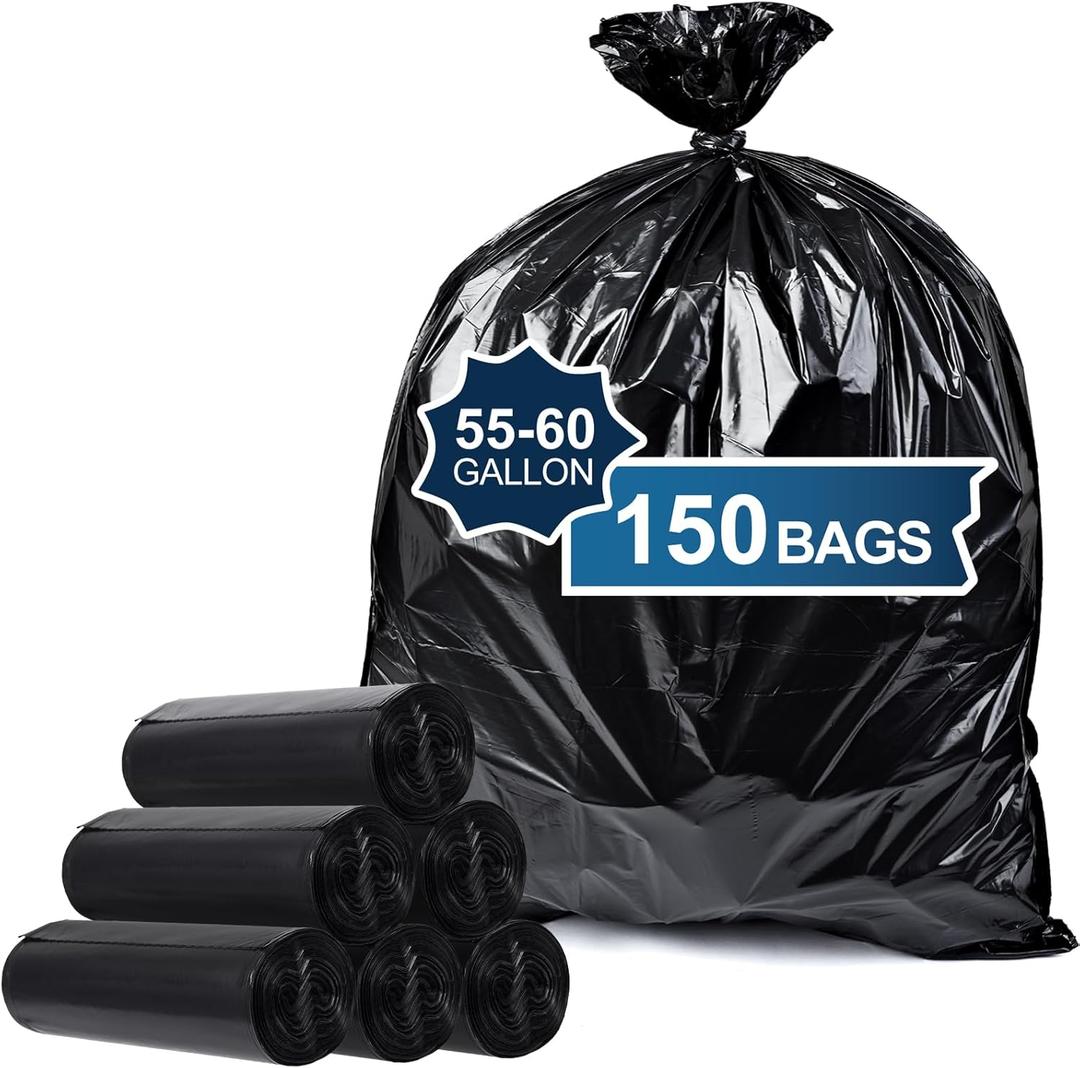 55-60 Gallon Trash Bags - 150 Count Large Garbage Bags Heavy Duty, Large Black Trash Bags for Outdoor, Commercial, Contractors, Lawn and Leaf Bags.