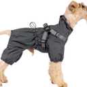 Mile High Life Waterproof Dog Raincoat, Full Coverage Small Dog Rain Coat with Harness, Adjustable 4 Legs Puppy Rain Jacket with Reflective Strip and Elastic Cuffs (Gray, L Back Length 16.1") 
