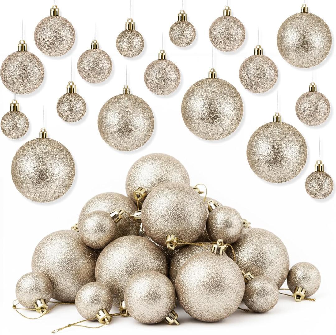 Baderke 36 Pcs 4 Sizes Christmas Ball Ornaments Xmas Christmas Tree Decorations Ball with Hanging Loop and Rope Holiday Party Wreath Home Decor (Champagne,Shinny)