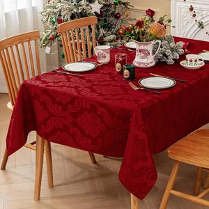 Romanstile Christmas Jacquard Rectangle Tablecloth with Red Flower - Waterproof Damask Vintage Floral Table Cloth, Xmas Decorative Table Cover for Dinner/Parties/Holiday - 60 x 84 Inch