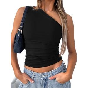 ForeFair Women One Shoulder Going Out Crop Tank Tops Slim Fit Sleeveless Shirts Y2k Cute Top, L, Black