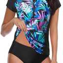 Holipick 2 Piece Short Sleeve Rash Guard Women Zip Up Swimsuits SPF Swim Shirts with Built in Bra, Size: M