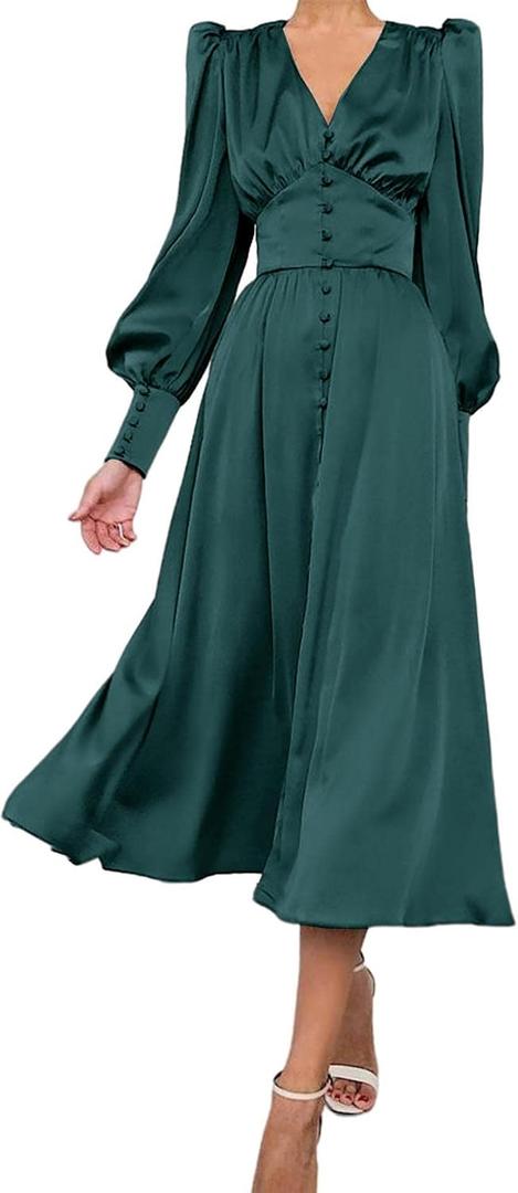 xxxiticat Women's Puff Sleeve Satin Maxi Dress Long Lantern Sleeve Button Down Ruffle Single Breasted Vintage Midi Dresses, XL