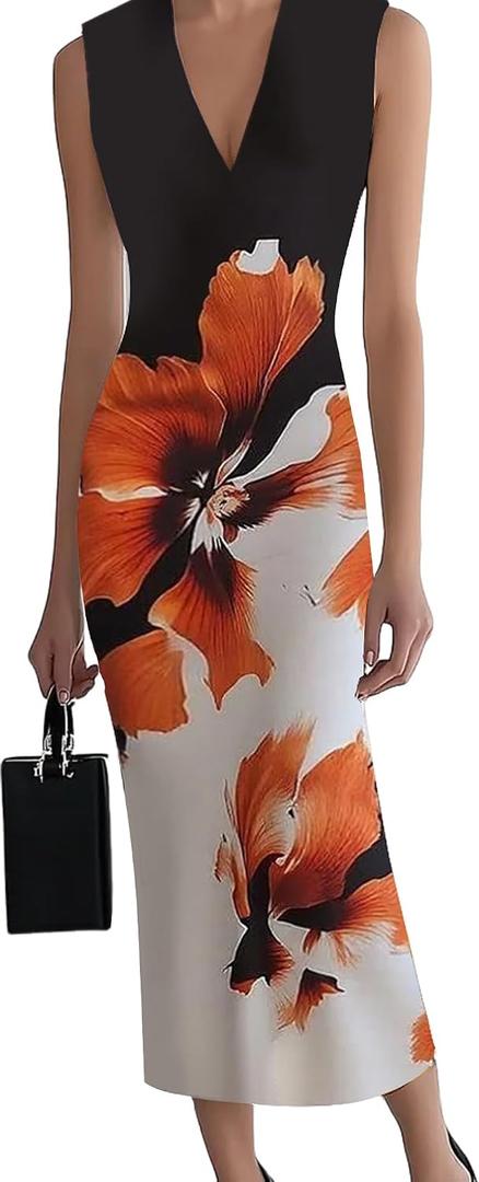 HVT Women's Dress Wedding Guest Party Dresses Floral Print Halter Neck Maxi Dress Sleeveless Bodycon Long Dresses (Black, S)