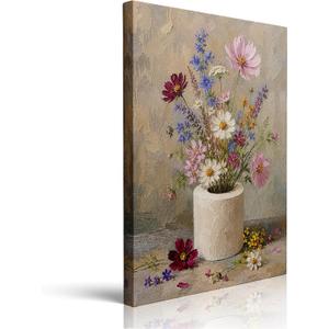 Wildflower Vase Framed Wall Art Canvas Cottage Floral Artwork 16x24 Inches
