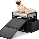 Non Slip Dog Ramp with Seat & Storage Drawers, Extra Wide Doggie Stairs, Metal Frame Puppy Chair for High Bed Couch Office, Dachshunds Ladder, Washable Cushion Pet Step for Small Old Pets (Khaki)