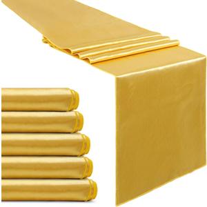 Set of 5 Satin Table Runners Gold 12x108 inch Table Runner for Party Wedding Reception Banquet Decoration Bright Silk Smooth Fabric Party Chair Sashes