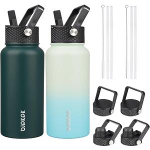 BJPKPK 2 Pack Insulated Water Bottles with Straw Lids, 27oz Stainless Steel Metal Water Bottle with 6 Lids, Leak Proof BPA Free Jugs, Cups, Flasks for Travel, Sports (Army Green+Mint)