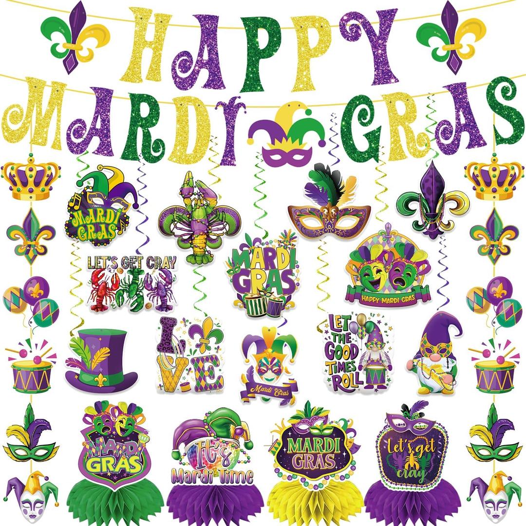 20Pcs Mardi Gras Decorations, Happy Mardi Gras Banner Hanging Swirls and Honeycomb Centerpieces New Orleans Carnival Masquerade Party Decorations for Fat Tuesday Decor