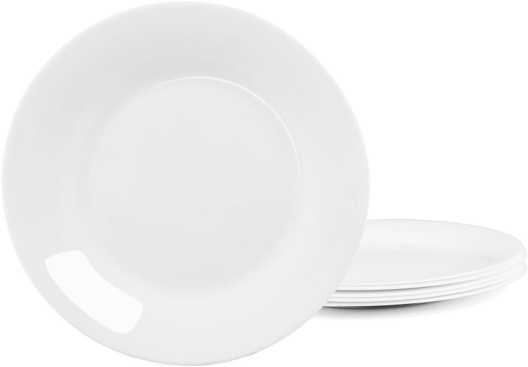 11 inch Dinner Plate Set of 6, Lightweight Round Opal Glass White Dinnerware Plates, Dishwasher and Microwave Safe