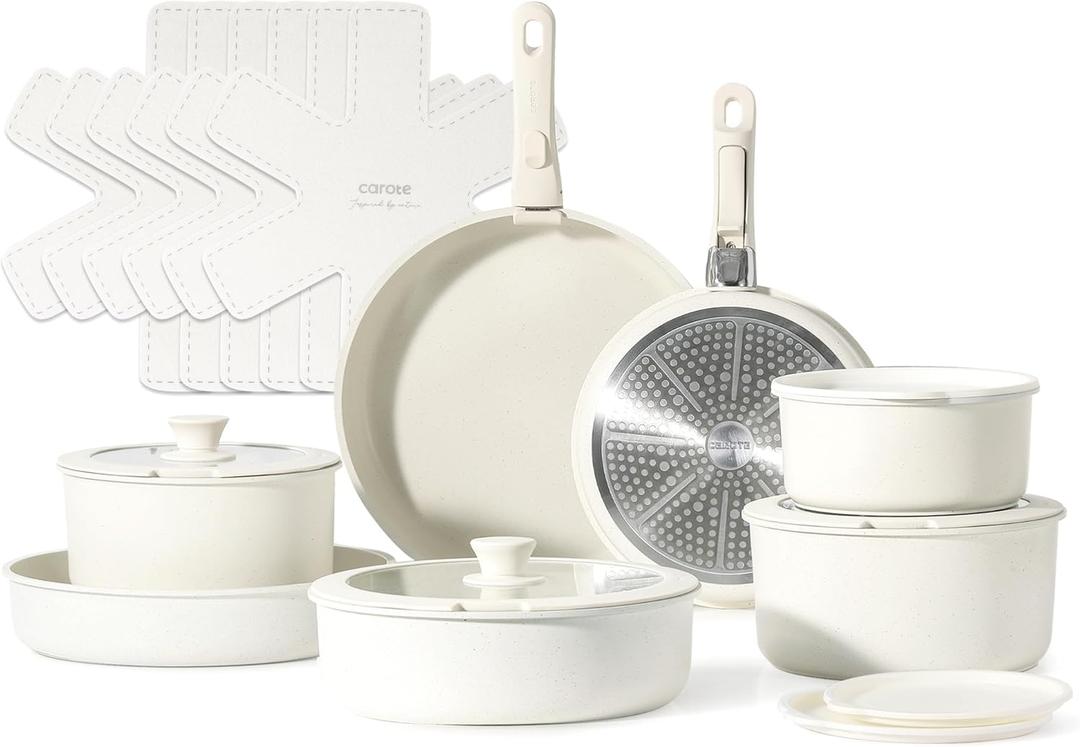 CAROTE 21pcs Pots and Pan Set, Nonstick Induction Cookware Detachable Handle,Cookware Set with Removable Handle (Cream White)