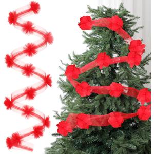 Suncalla 9 ft Christmas Tree Ribbon Bows Garland Decor Red Mesh Ribbon Garland Xmas Decoration Wreath Bow for Christmas Party Gift Stairs Mantle Front Door Wedding Holiday Decor