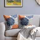 Navy Blue Orange Pillow Covers 18x18 Set of 2 Fall Colored Grey Gray Dahlia Flower Outdoor Decorative Throw Pillows Autumn Themed Farmhouse Pillowcases Linen Cushion Case Decor for Sofa Couch Bed