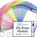 SUNEE 30 Packs Oversized Reusable Dry Erase Pocket Sleeves with 2 Rings, 10 Assorted Colors 10x14 Ticket Holders, Clear Plastic Sheet Protectors, Teacher School Classroom Supplies