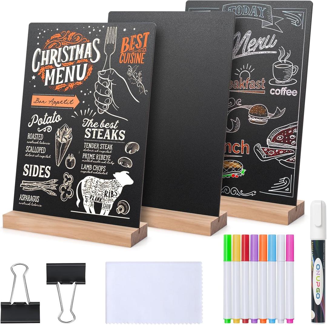 ONUPGO 3 Pack Tabletop Chalkboard with Wood Holder, 8 x12 Inch Menu Chalk Board Sign Store Food Signs, Message Boards for Party, Wedding, Tables Decoration, Bar and Restaurant