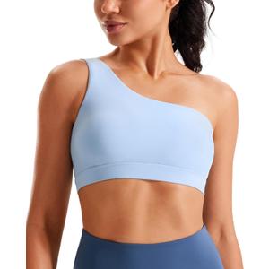 One Shoulder Sports Bras for Women Low Impact Asymmetrical Workout Tops Padded Yoga Right Shoulder Strap Bra (Blue, L)