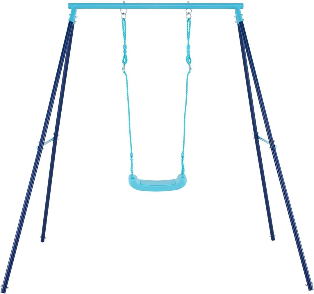 Kids Adventure Swing Set with A-Frame Stand, Adjustable Sturdy Metal Swing for Backyards & Gardens, Ideal Gift for Ages 3-10 (Blue)