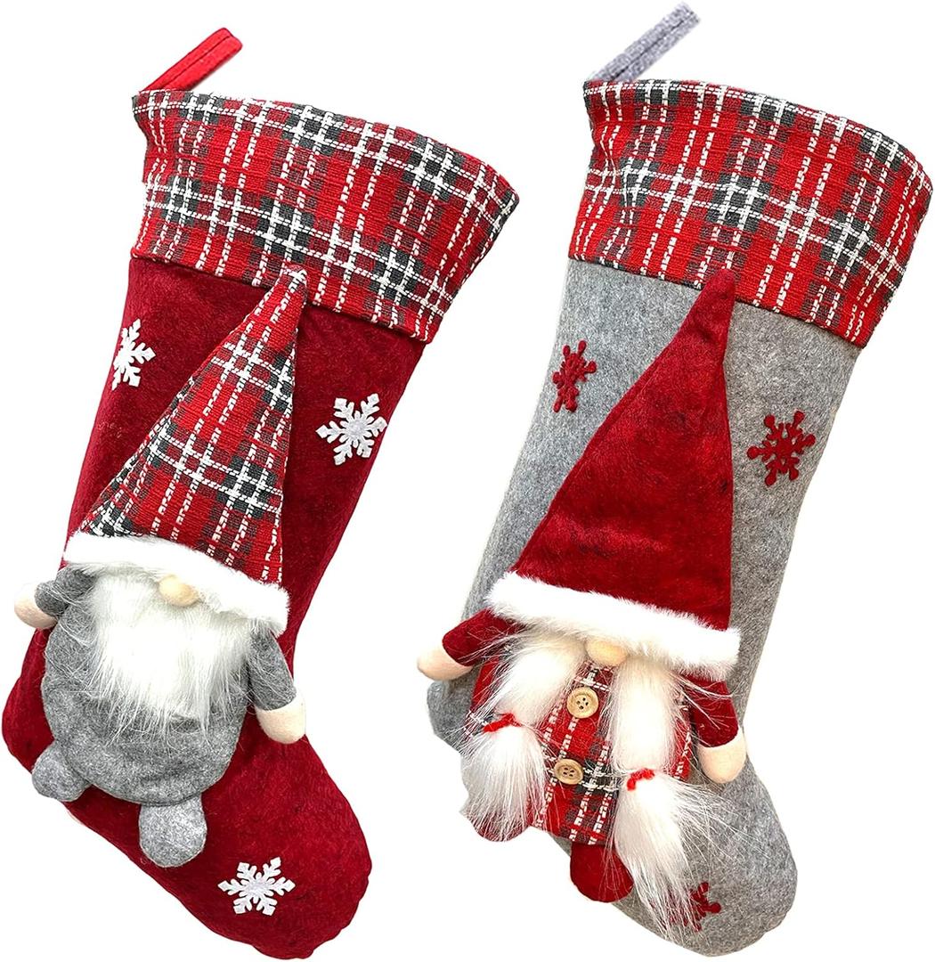 Meajore 2 Pcs Christmas Stockings New Set, 3D Gnomes Santa Christmas Stockings Personalized (18inch) Soft Classic Red and Grey Fireplace Hanging for Family Holiday Xmas Party Decorations
