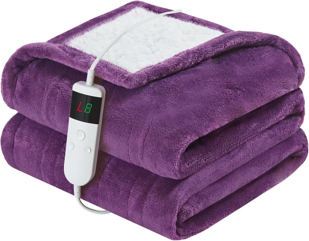 DANENOSA Electric Heated Blanket Queen Size 84''x90'' Soft Flannel & Sherpa Electric Blanket with 10 Heating Levels, Automatically Shut Down After 8h with Overheat Protection Machine Washable